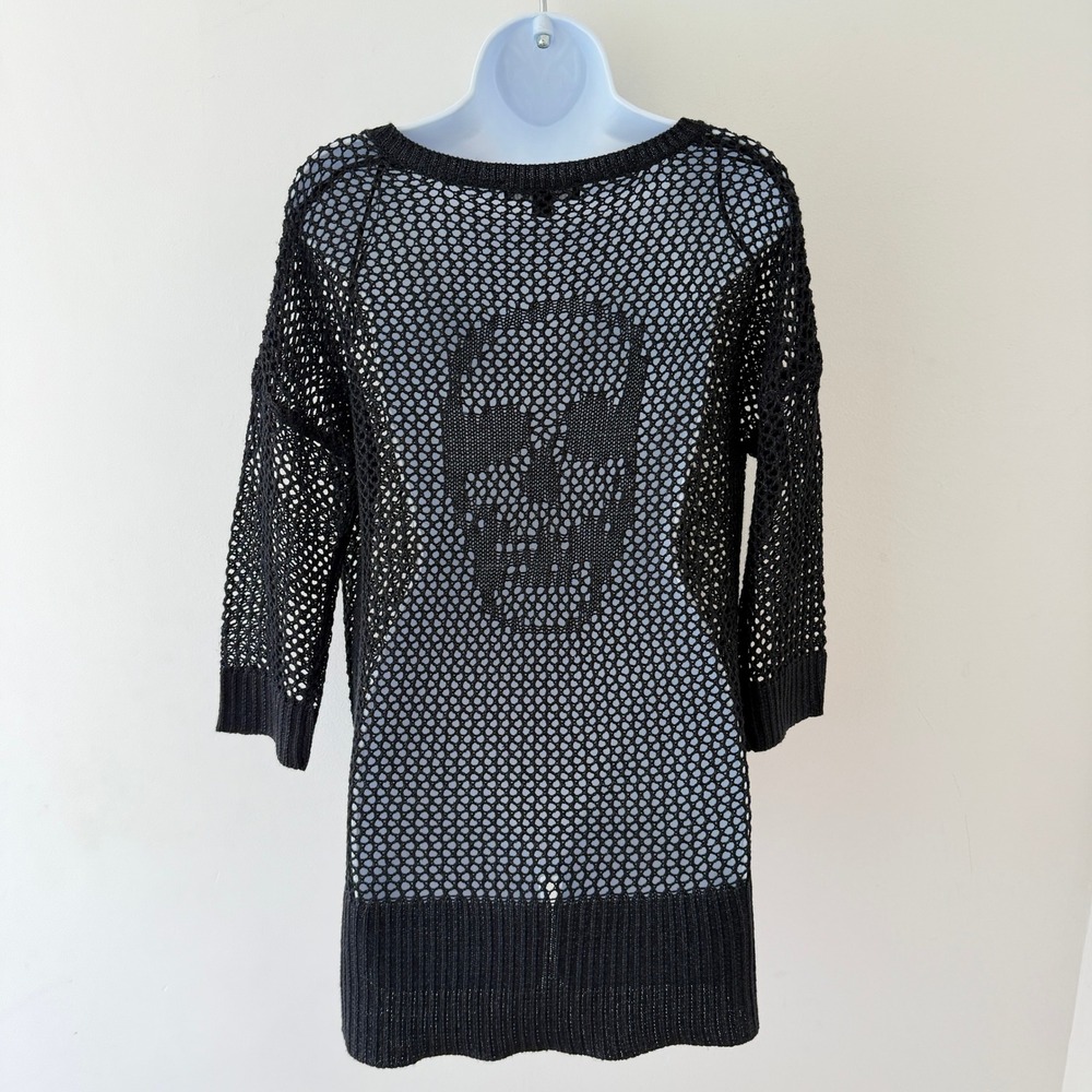 Y2K Womens Open Knit Sweater M Black Crochet Skull Metallic Goth Indie Grunge